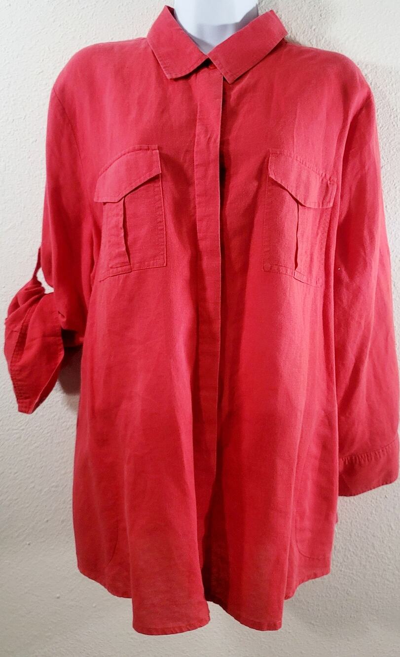 Chaus Sport Red Hidden Button Up Pointed Collard Top XL Roll Tab Sleeves Soft